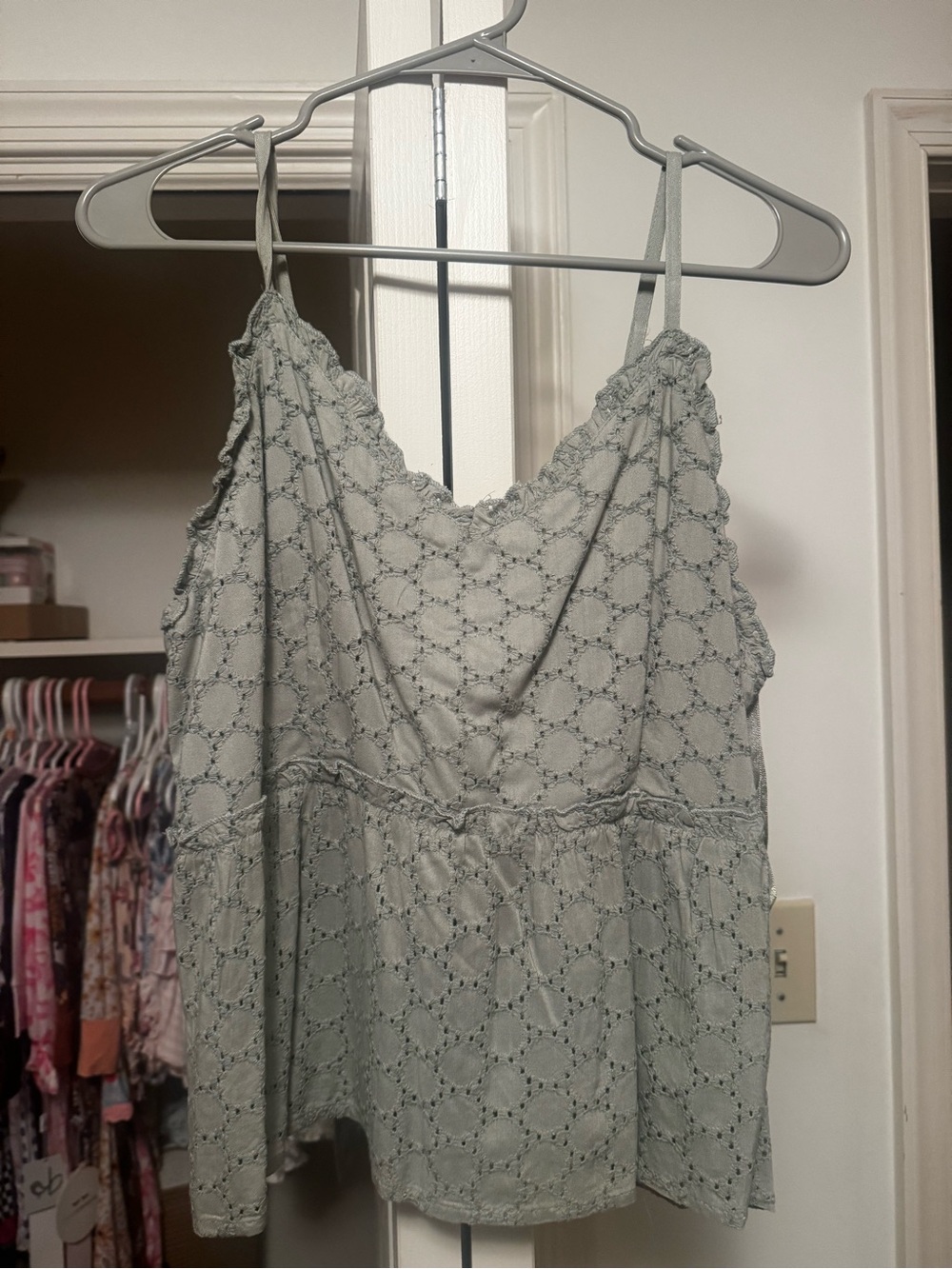 Eyelet Spaghetti Strap Peplum Crop Top in Light Sage